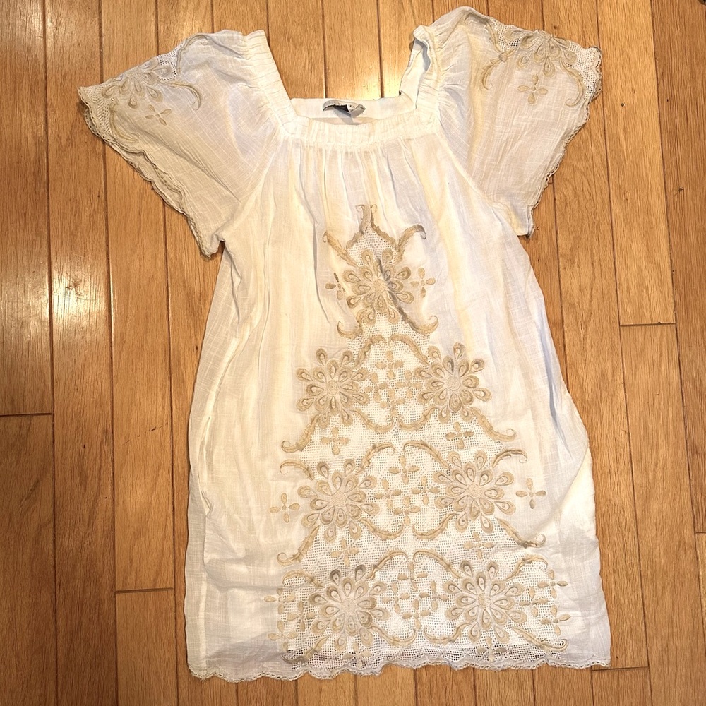 BCBGMAXAZRIA Runway Ivory Embroidered Tunic Dress M Silk Lined Boho Festival